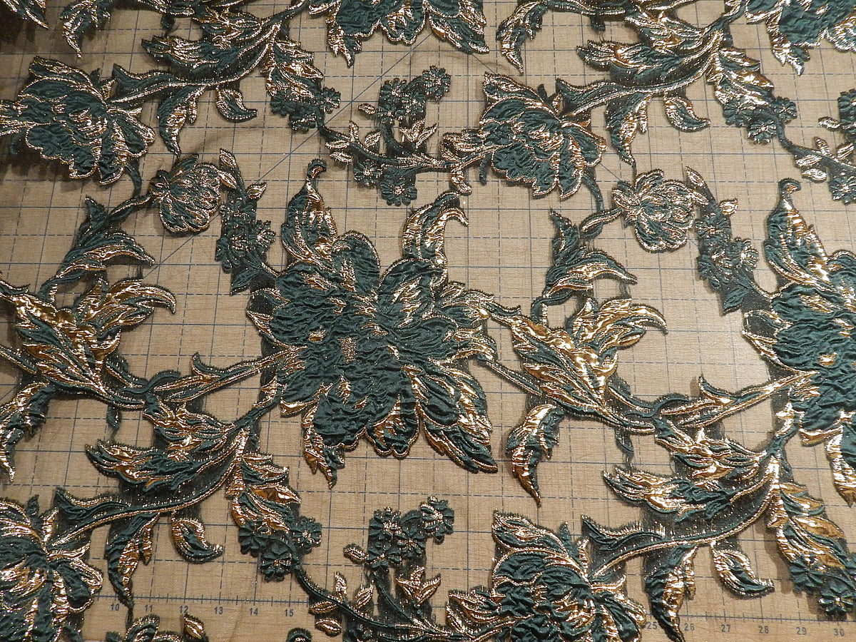 hunter green and gold brocade organza black background mother of the groom deadstock fabric