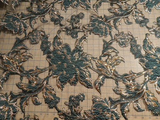 hunter green and gold brocade organza black background mother of the groom deadstock fabric
