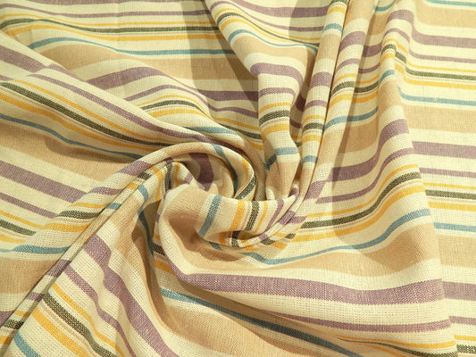 purple teal yellow charcoal tan and white striped yarn dyed deadstock linen fabric