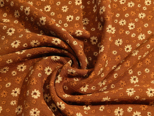 brown and tan ditsy floral print rayon gauze deadstock fabric