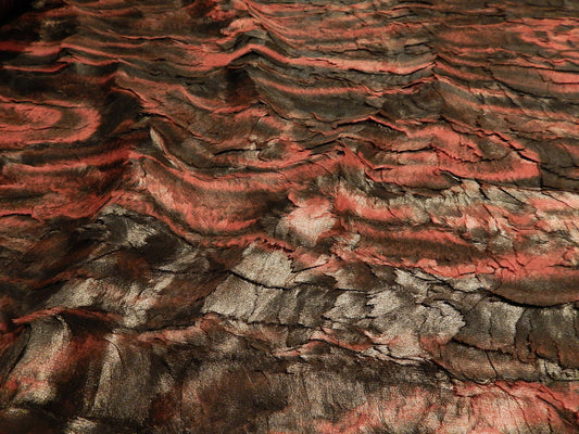 red pink black monster faux fur feather shag marbled paint swirl deadstock fabric