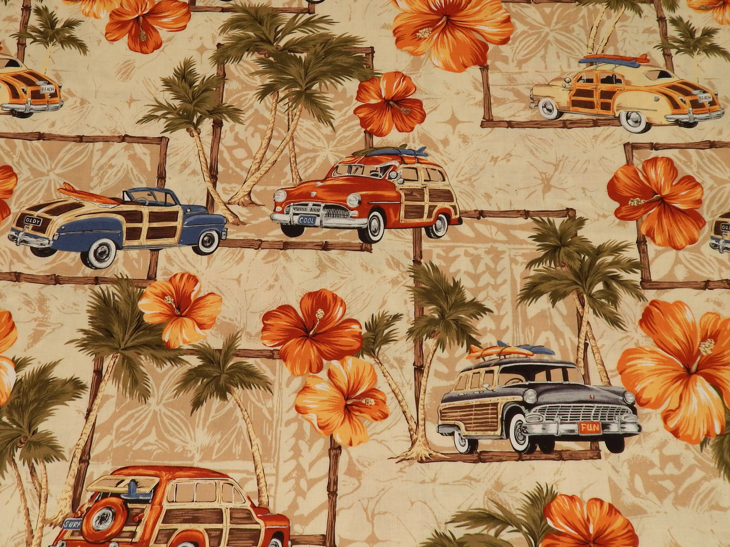 Vintage Cars and Flowers Hawaiian Rayon