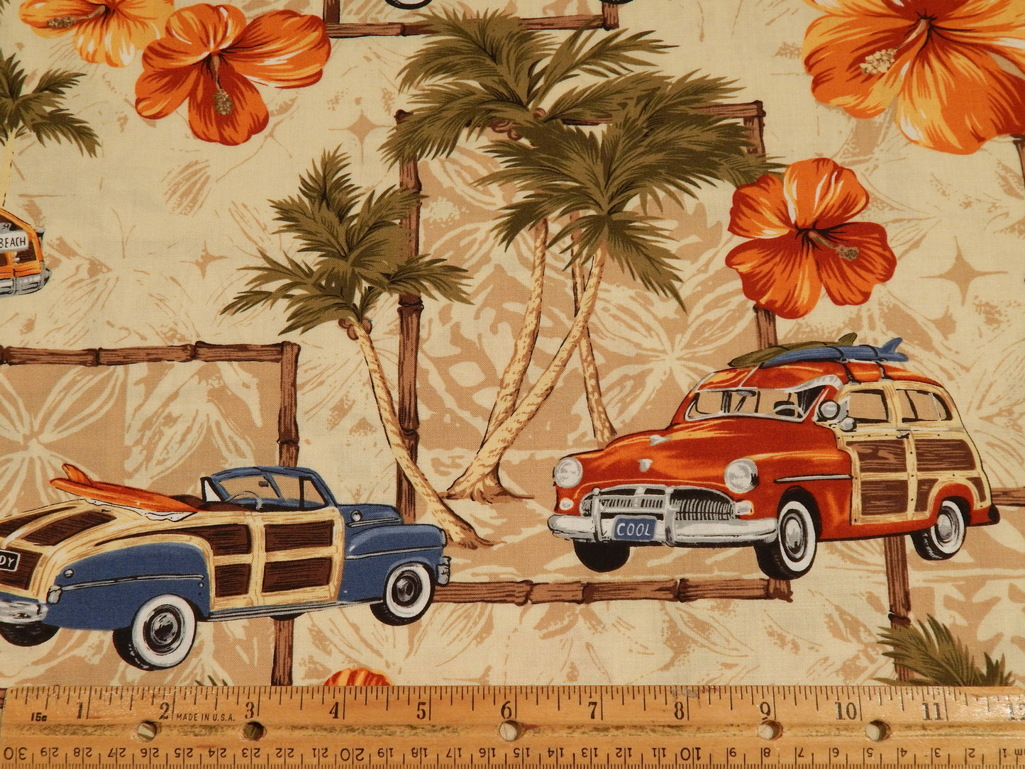 Vintage Cars and Flowers Hawaiian Rayon