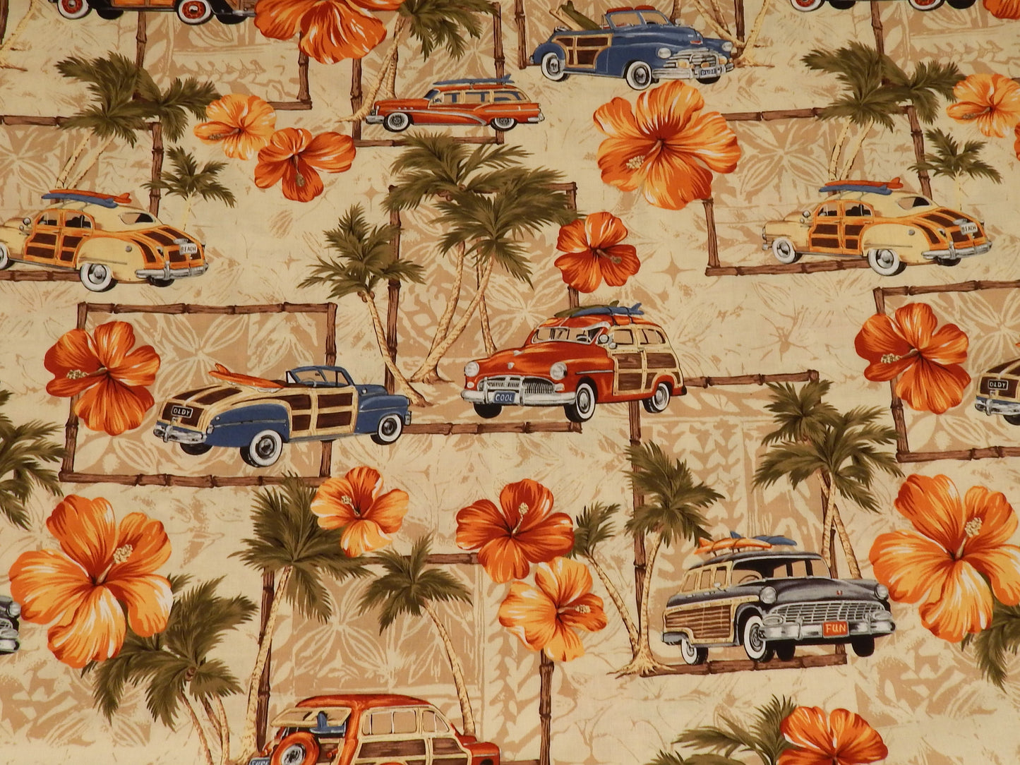 Vintage Cars and Flowers Hawaiian Rayon