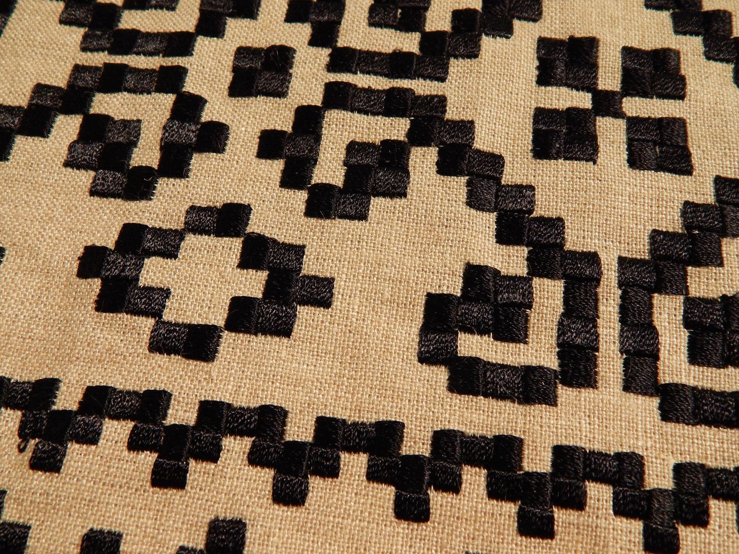 Peruvian Embroidered Black on Tan Linen