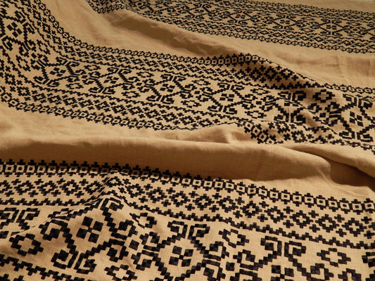 Peruvian Embroidered Black on Tan Linen