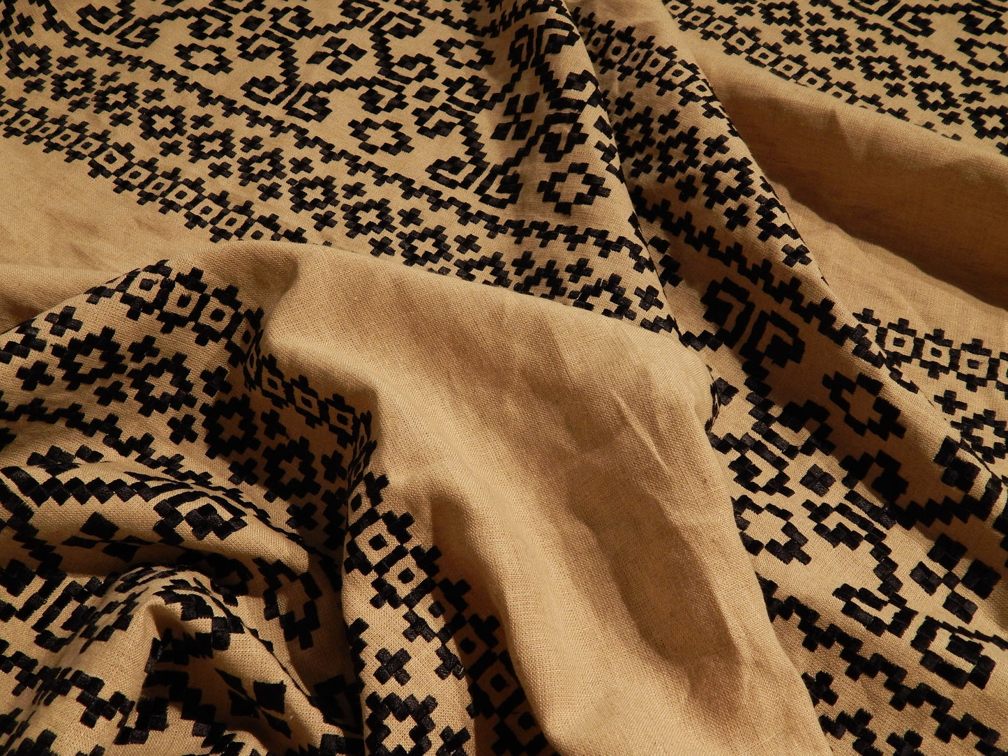 Peruvian Embroidered Black on Tan Linen