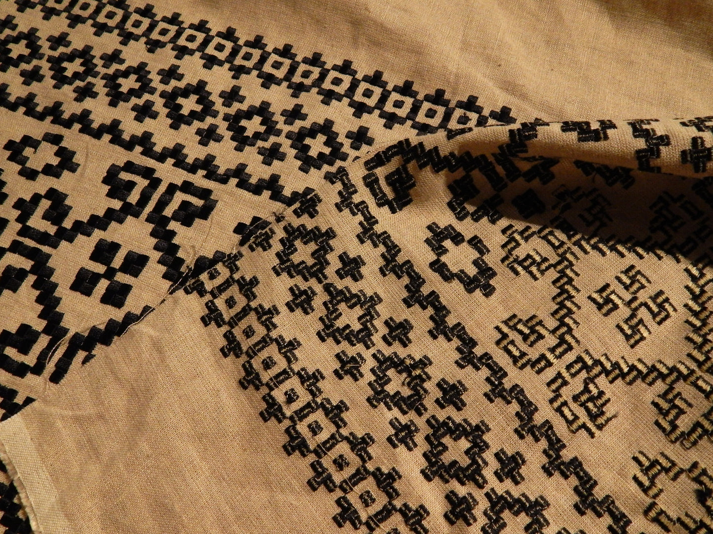 Peruvian Embroidered Black on Tan Linen