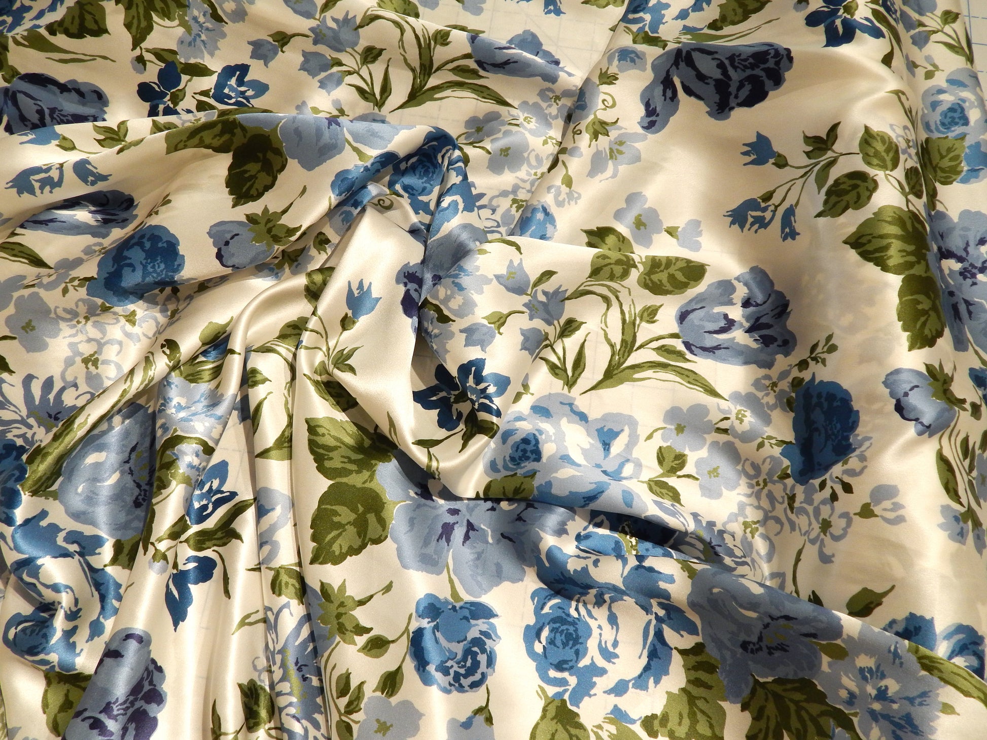 vintage blue and white floral silk charmeuse fabric