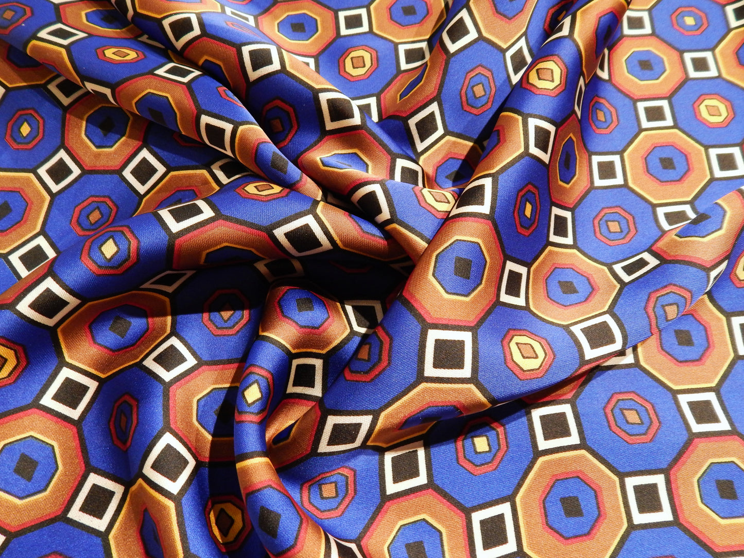 blue and brown geometric satin fabric