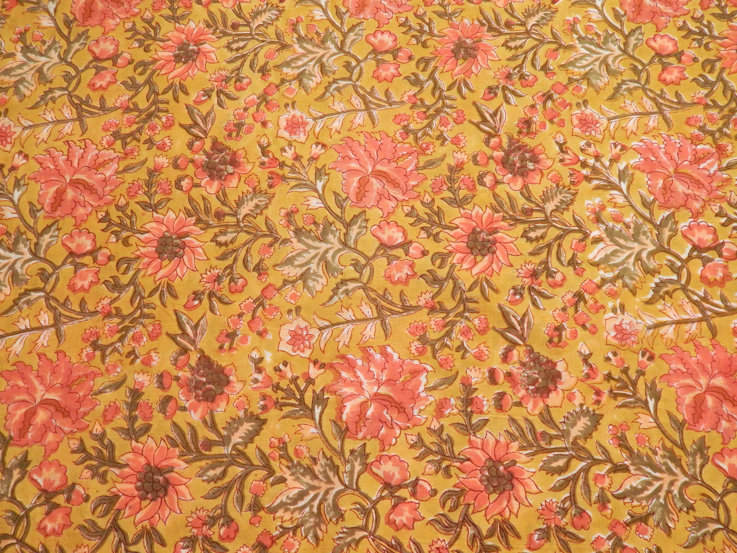 Floral and Vine Pink & Olive - Handprinted Bagru Indian Cotton