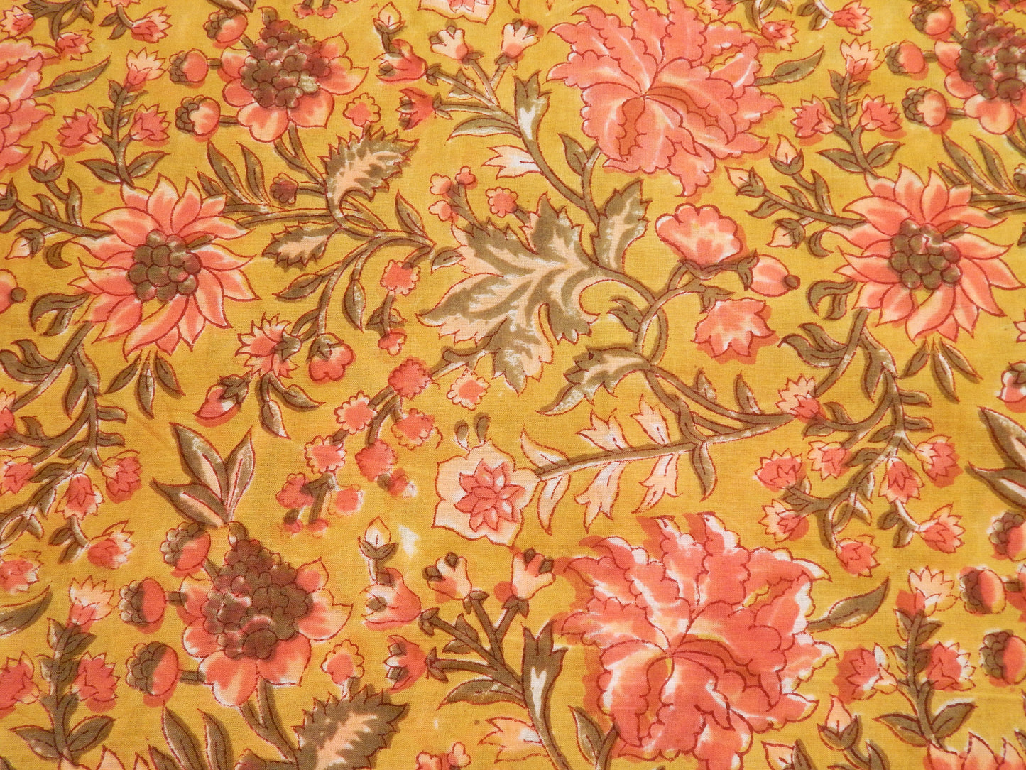 Floral and Vine Pink & Olive - Handprinted Bagru Indian Cotton