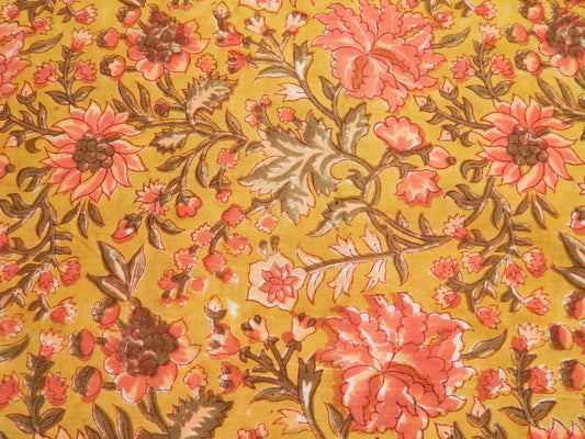 Floral and Vine Pink & Olive - Handprinted Bagru Indian Cotton