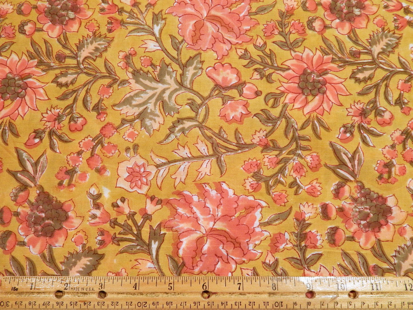 Floral and Vine Pink & Olive - Handprinted Bagru Indian Cotton