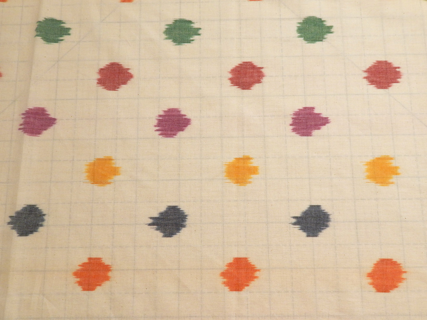 Rainbow Teardrops on White Cotton Ikat - Hand Dyed and Woven in India