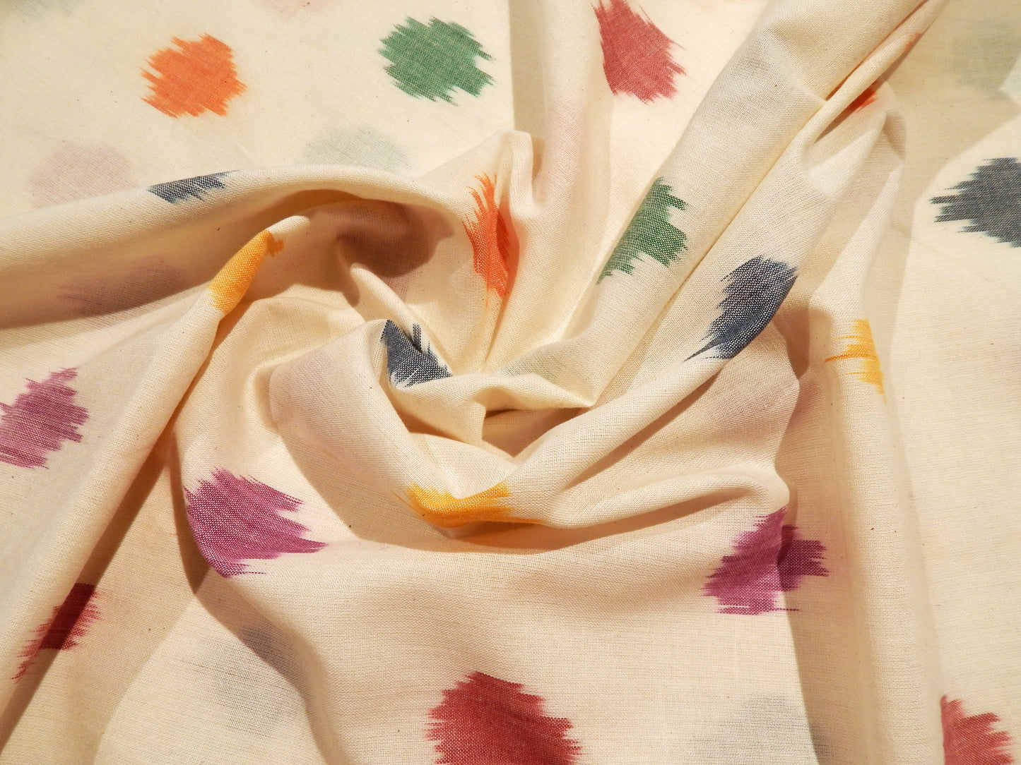Rainbow Teardrops on White Cotton Ikat - Hand Dyed and Woven in India