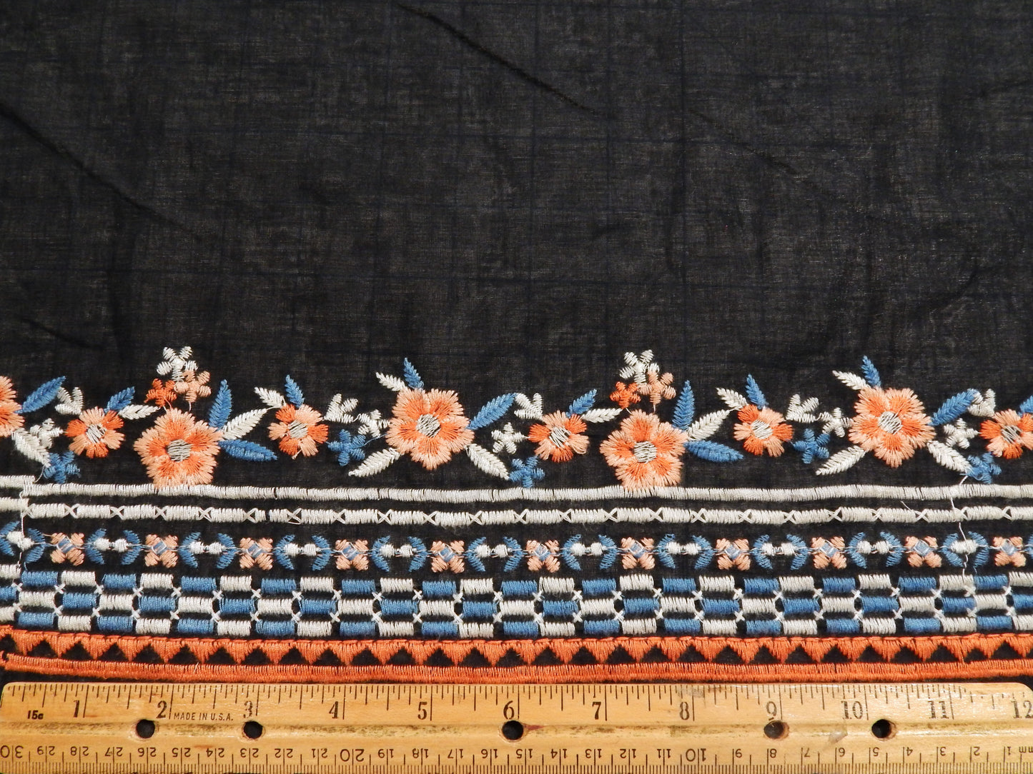 Navy and Coral Embroidered Floral Scalloped Cotton Lawn