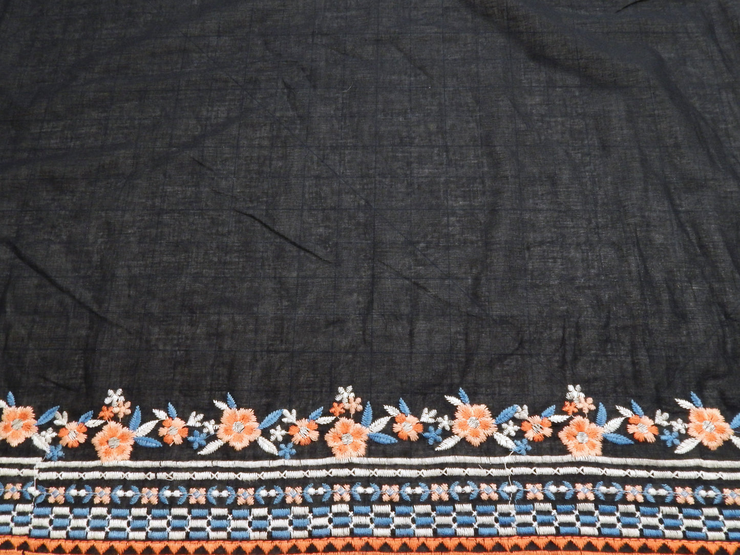 Navy and Coral Embroidered Floral Scalloped Cotton Lawn