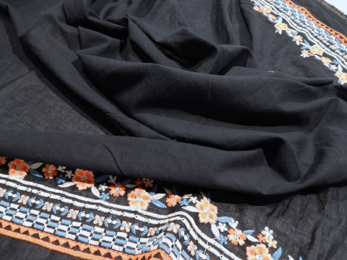 Navy and Coral Embroidered Floral Scalloped Cotton Lawn