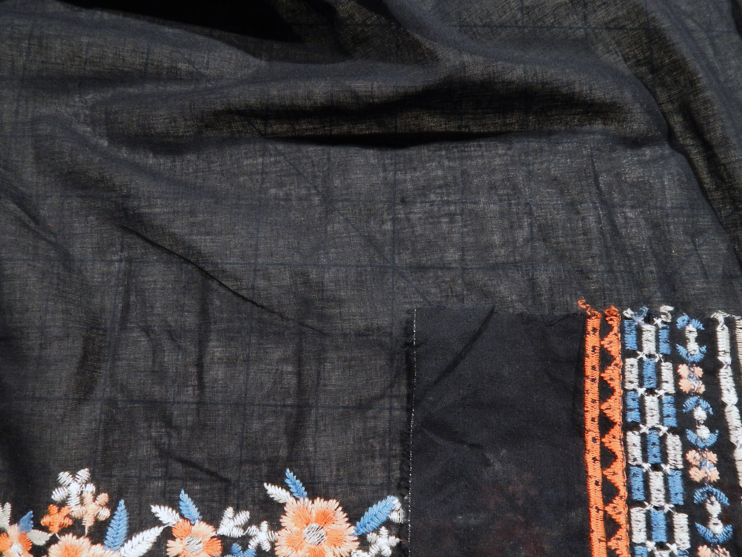 Navy and Coral Embroidered Floral Scalloped Cotton Lawn