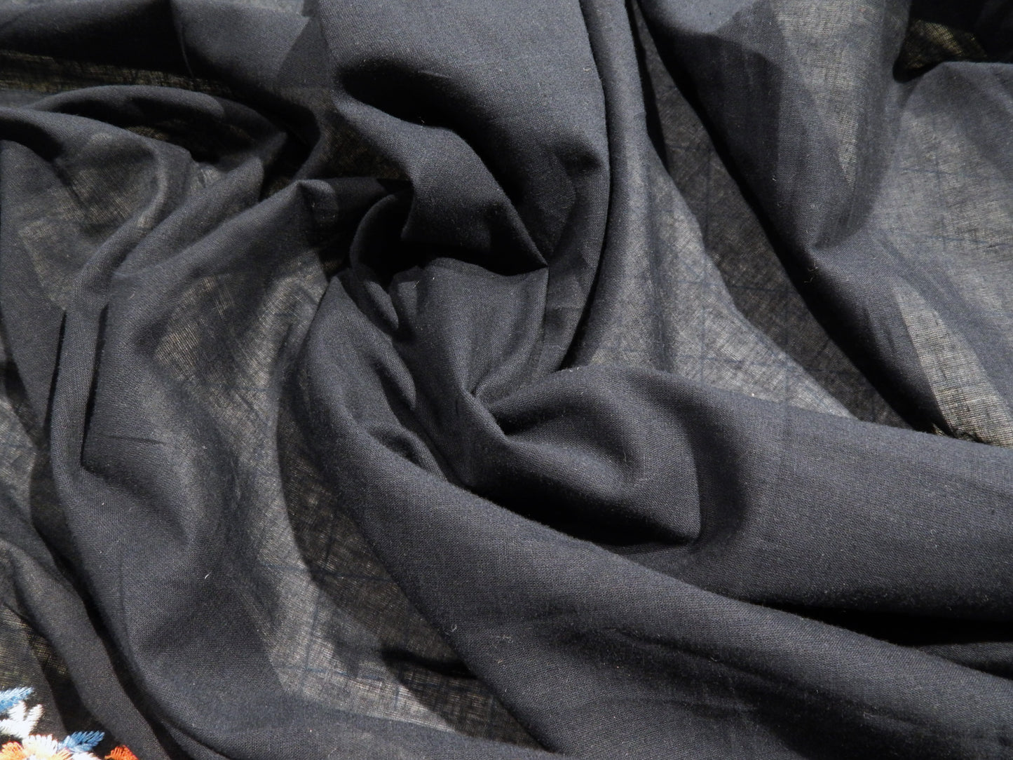 Navy and Coral Embroidered Floral Scalloped Cotton Lawn