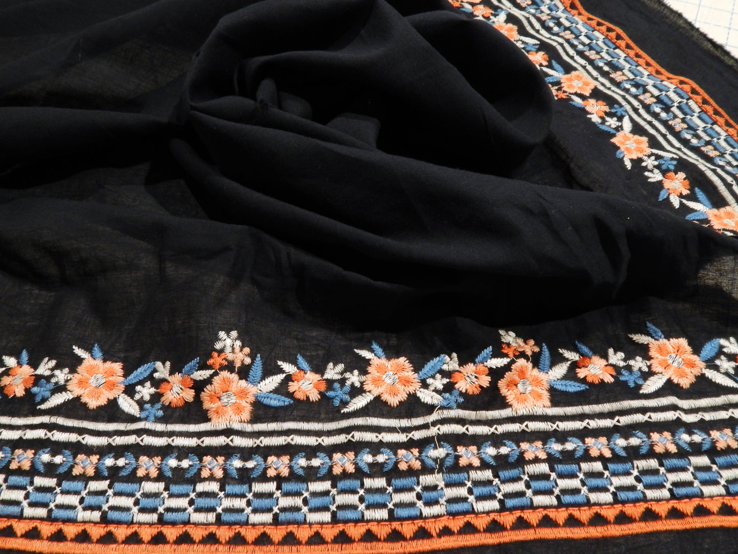 Navy and Coral Embroidered Floral Scalloped Cotton Lawn