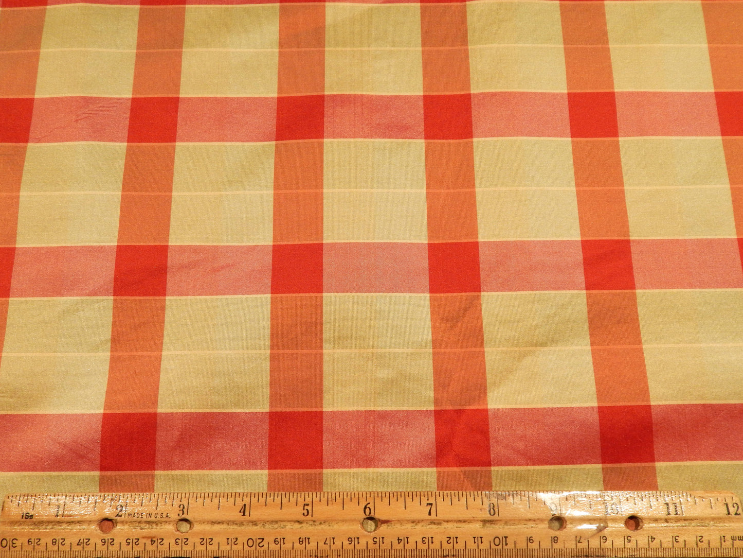 Red and Taupe Plaid Silk Taffeta w/ Fused Backing