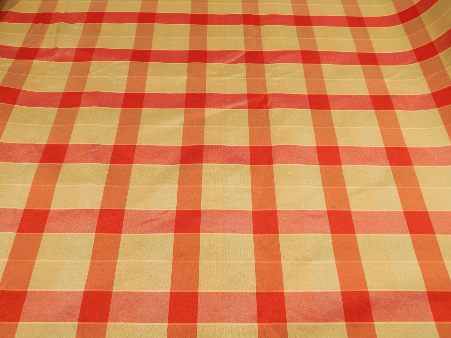 Red and Taupe Plaid Silk Taffeta w/ Fused Backing