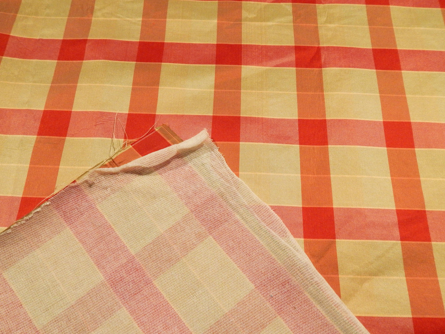 Red and Taupe Plaid Silk Taffeta w/ Fused Backing
