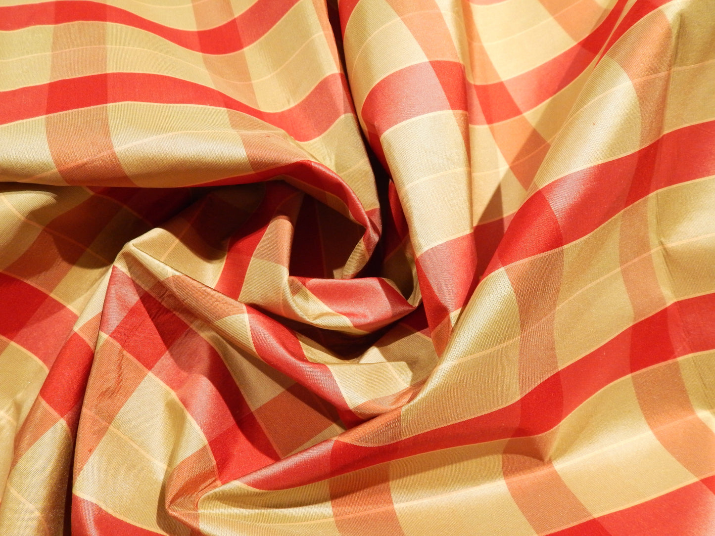 Red and Taupe Plaid Silk Taffeta w/ Fused Backing