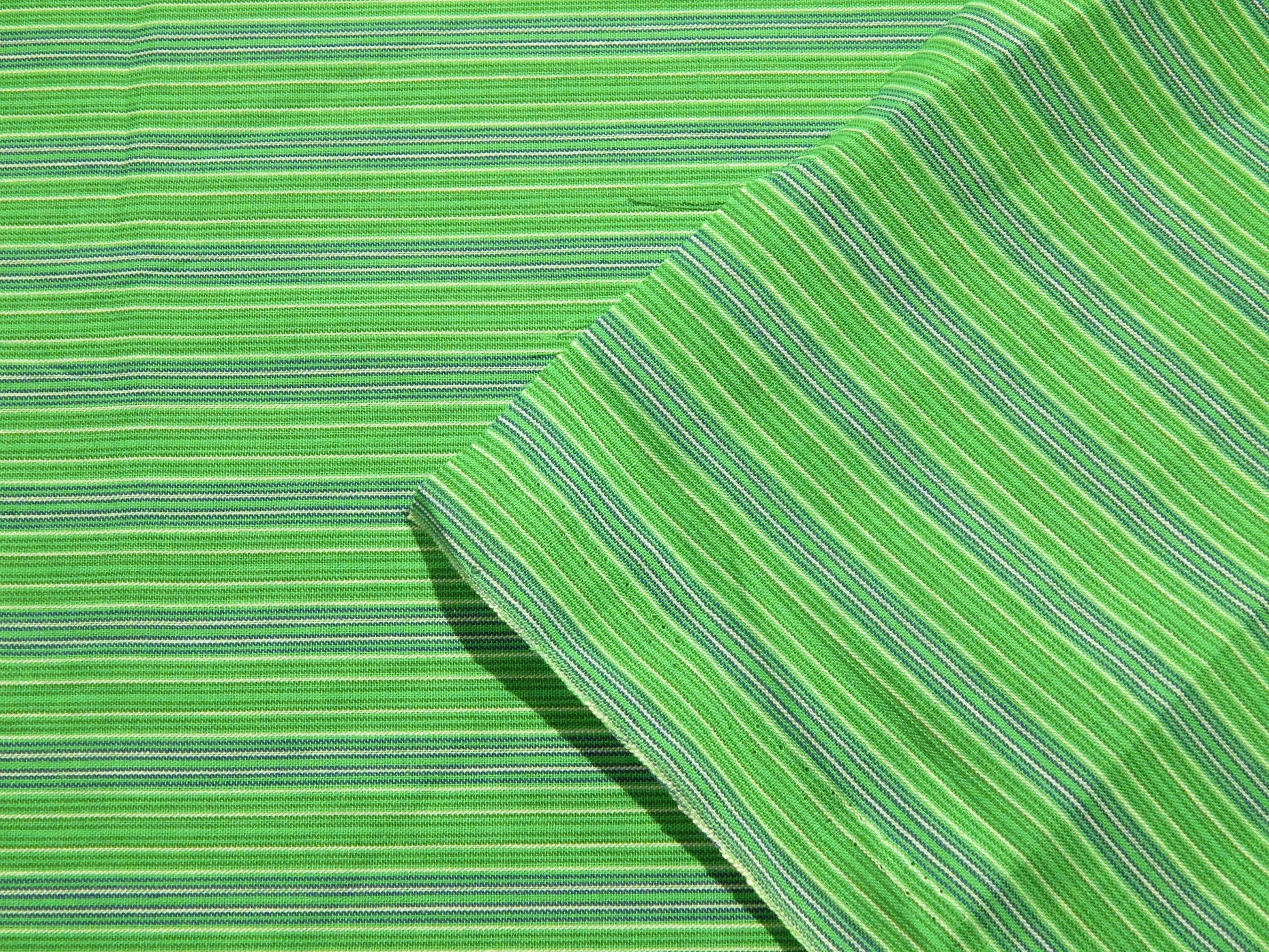 kelly green cobalt blue and white yarn dyed woven striped cotton shirting fabric