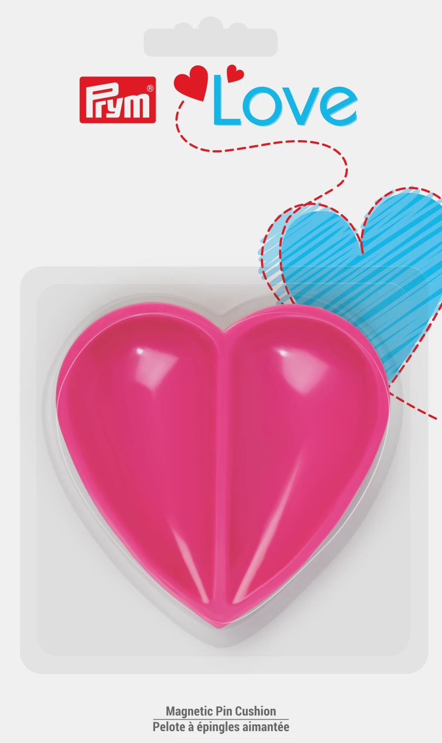 Pink heart-shaped magnetic pin cushion with Prym branding on a white background