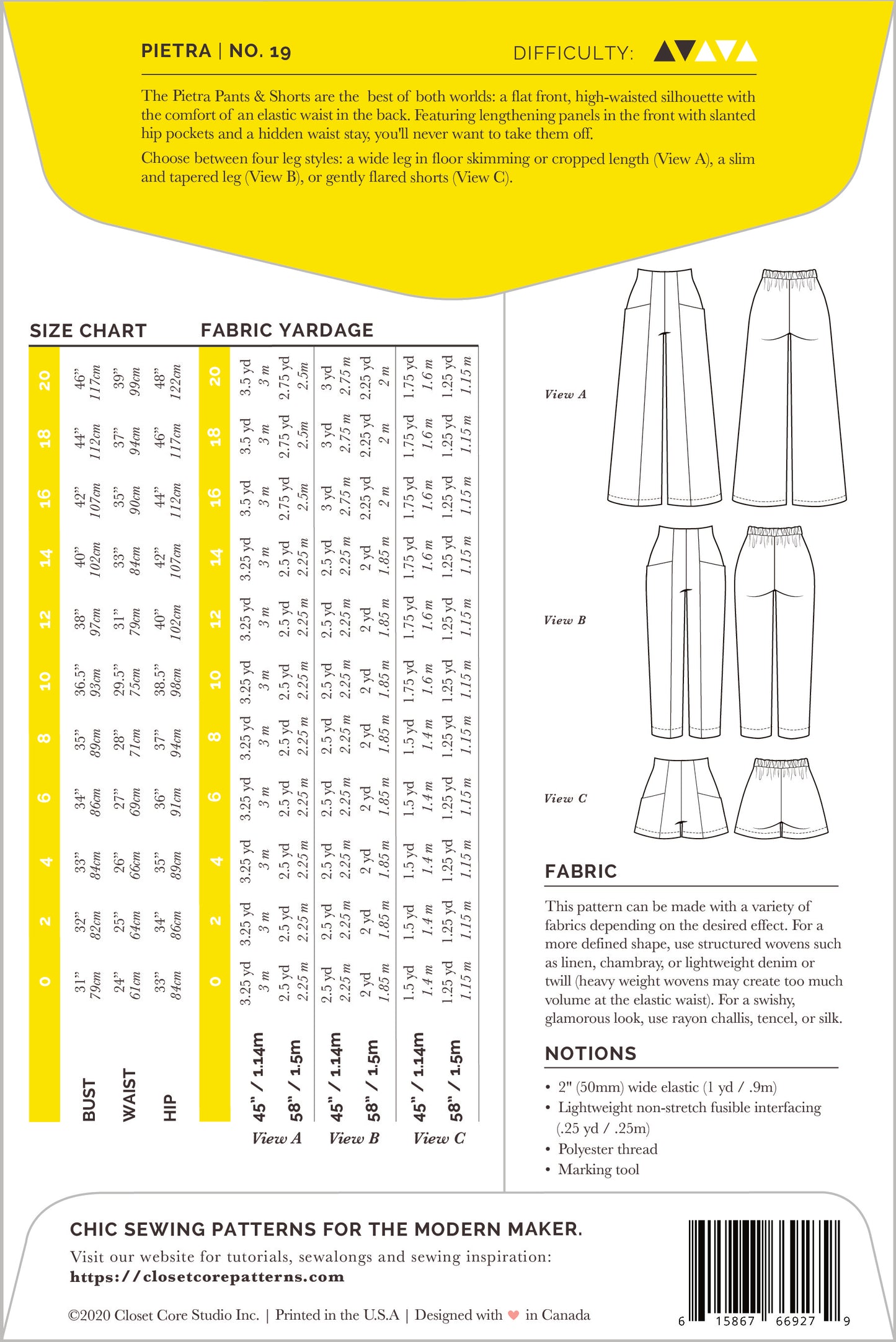 Pietra Pants + Shorts Sizes 0-20 - Closet Core Patterns